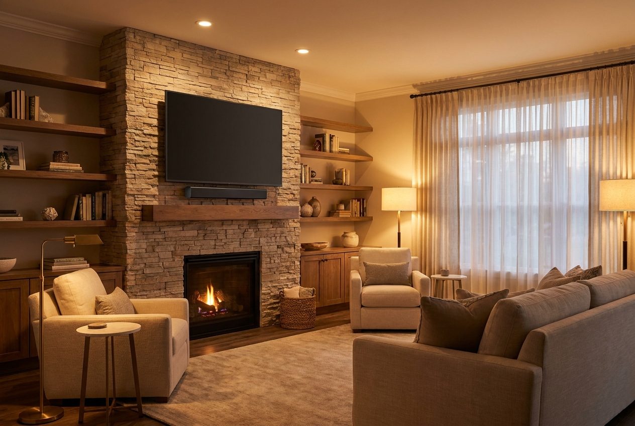 TV mounted clean above fireplace